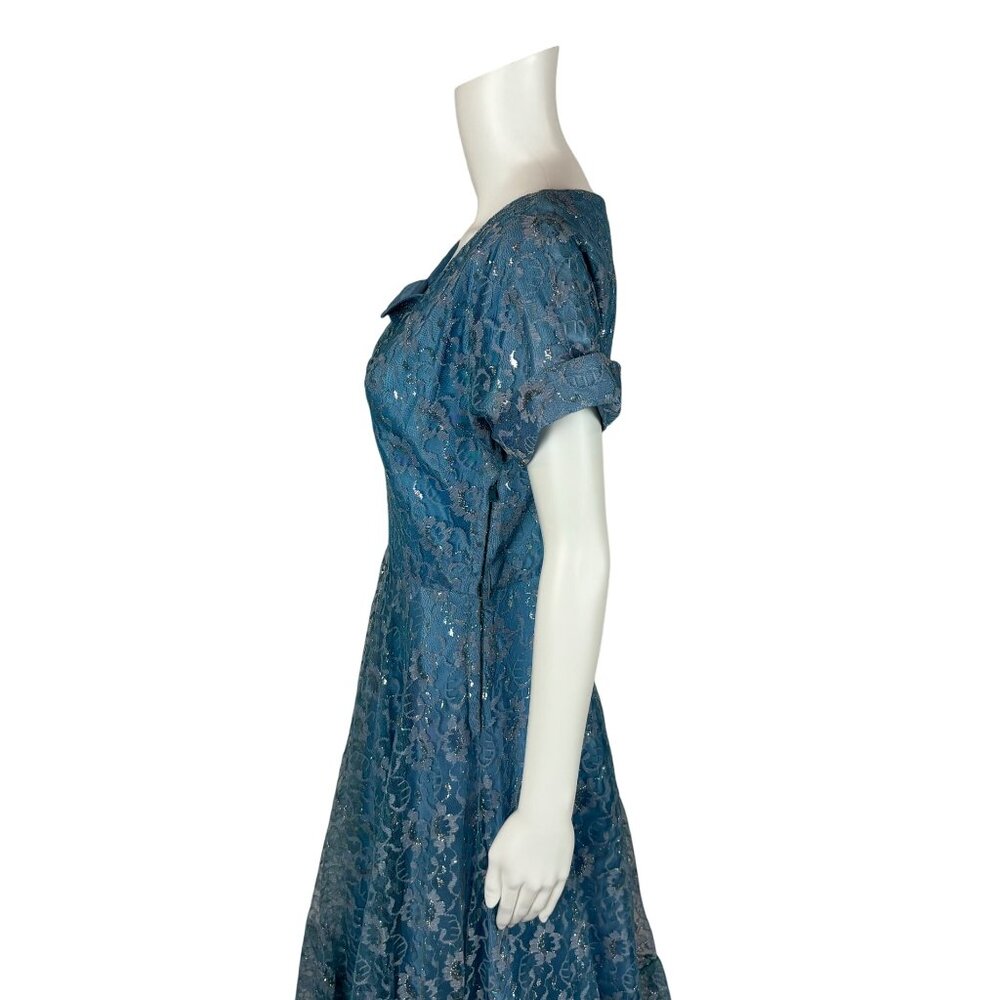 Vintage 50s Lace Dress Women's Small Blue Silver Cinderella Party Fit & Flare - Picture 7 of 11